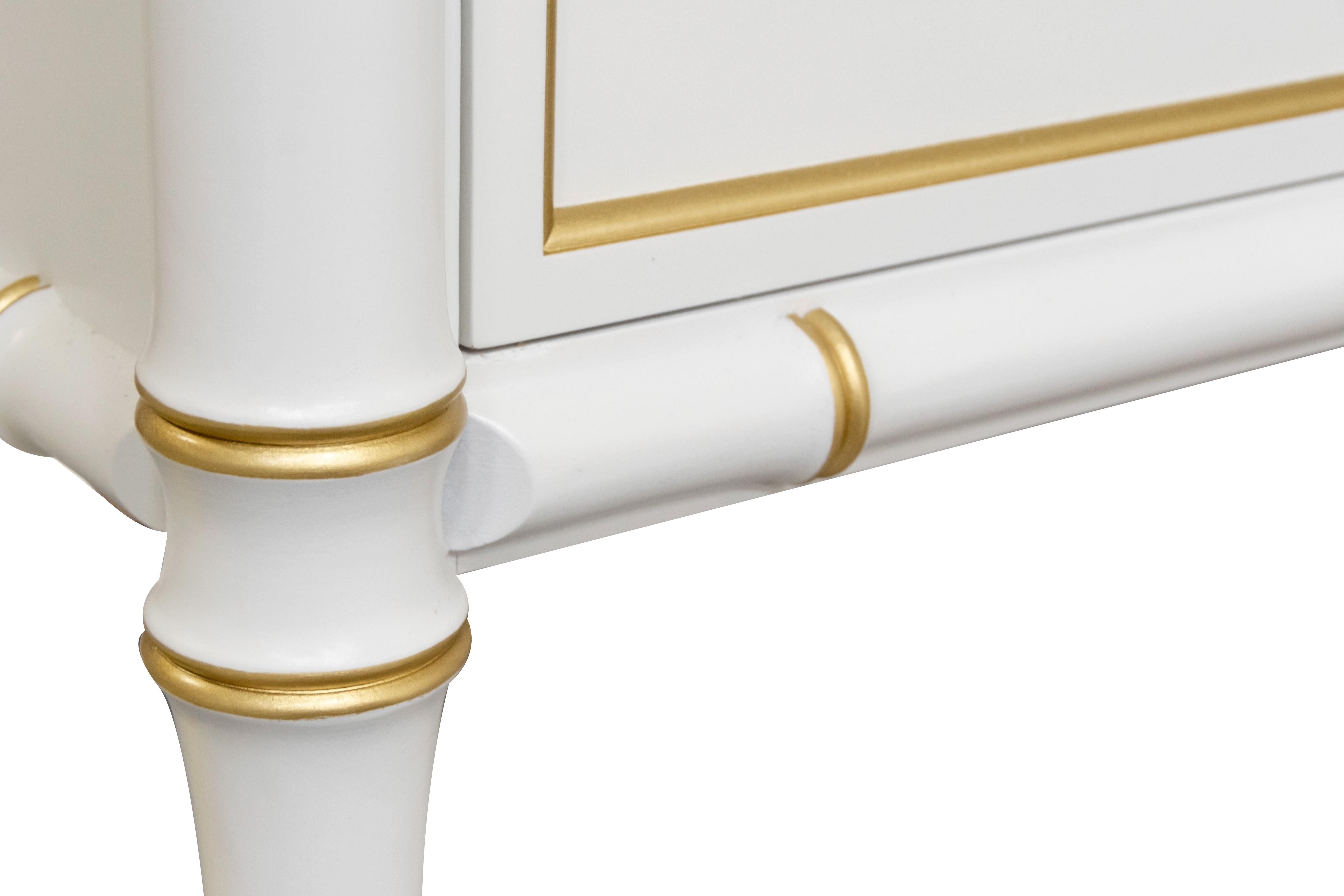 188 022 Double Bureau 70 White 79 Gold Painted Accents Solid Brass Ring Pull Hardware Nine drawers Faux Bamboo corner posts and rails 4 Detail