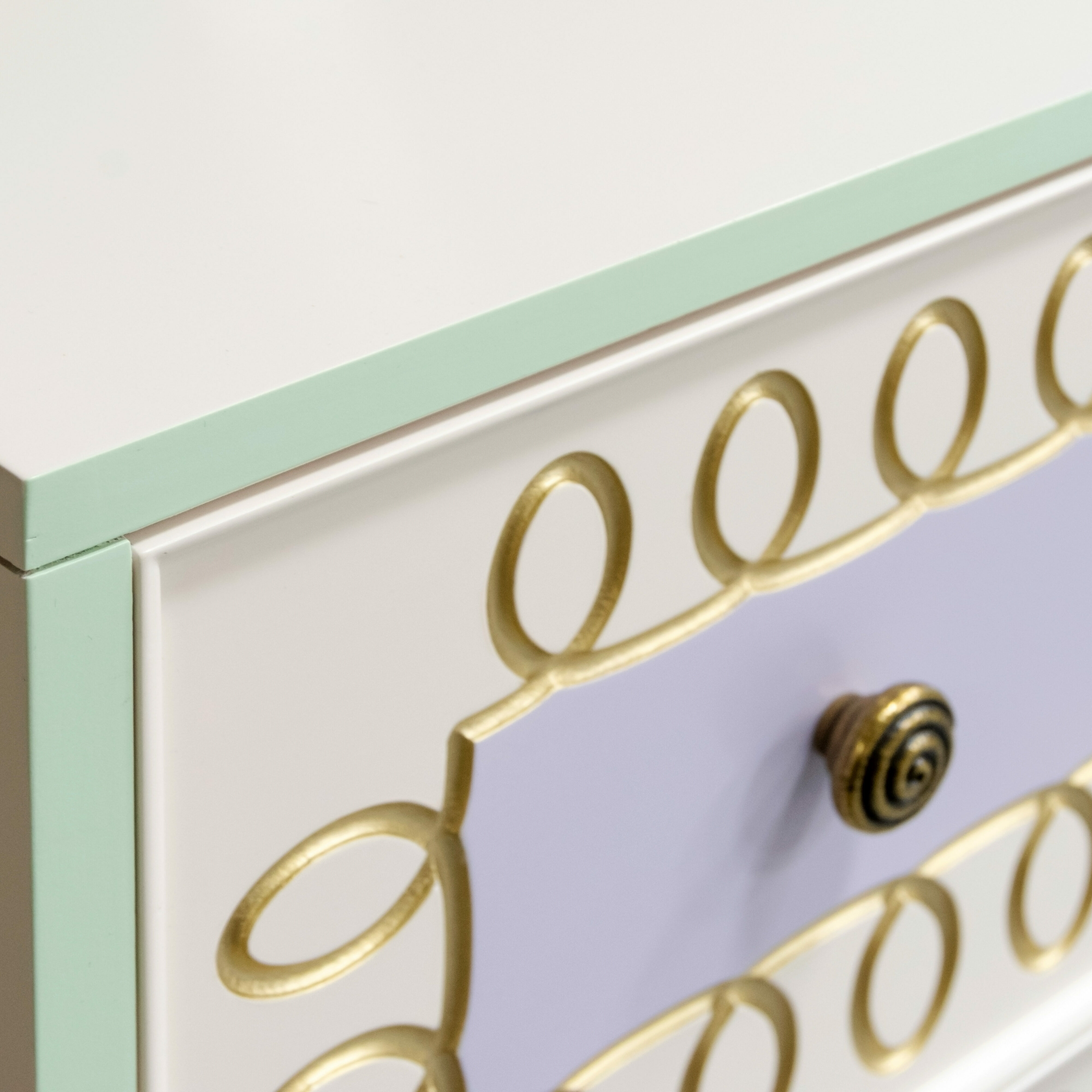 38 006 Loop de Loop Chest DWR 1 French Lilac DWR 2 Fun in the Sun DWR 3 Birds Egg Frame Pistachio Case Sun Kissed Peach Loops 79 Gold Paint 3 Detail