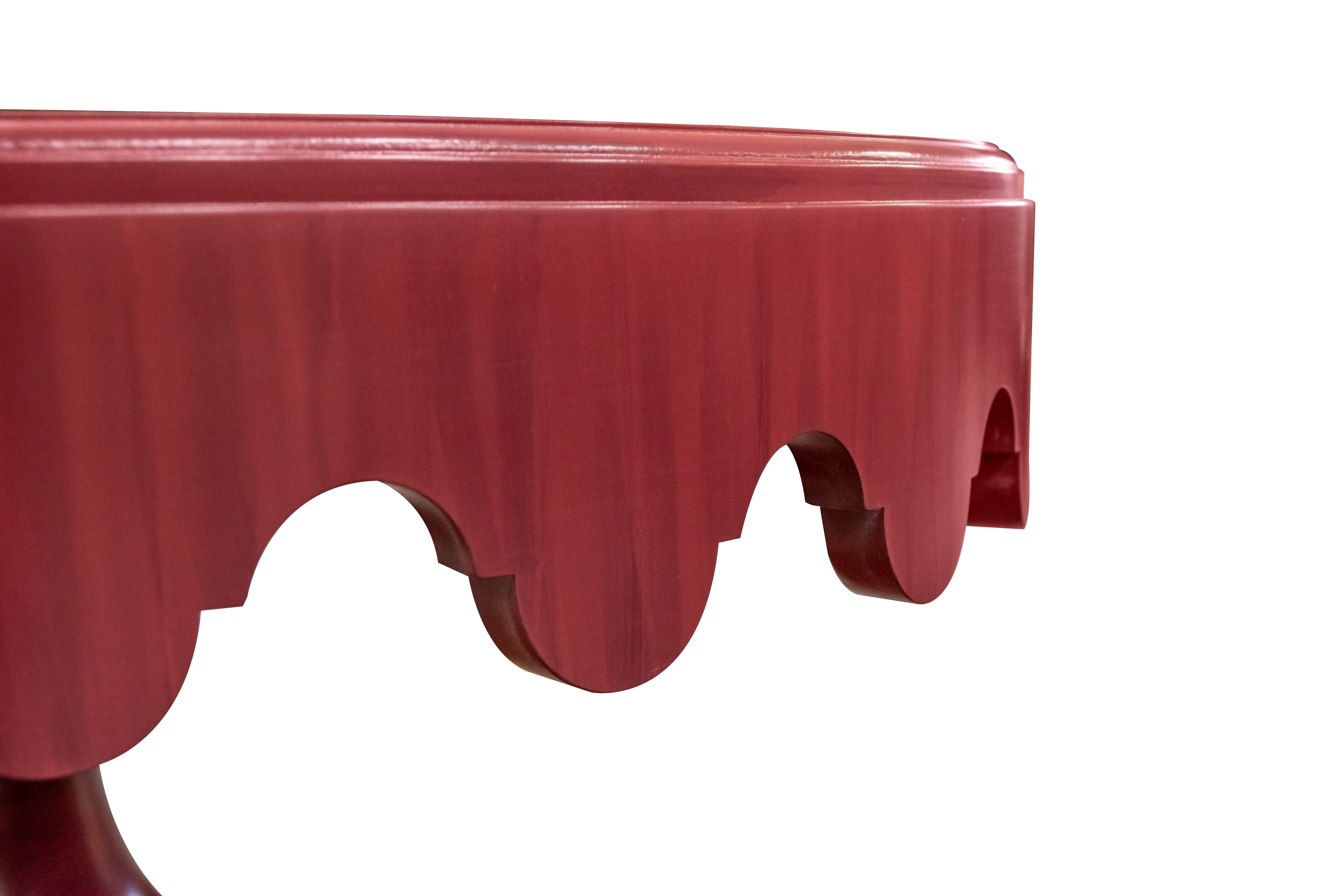88 819 Scalloped Lamp Table Wood Top 376 Rouge Striata Scalloped Apron Turned Pedestal W Round Plinth Base 3 Detail