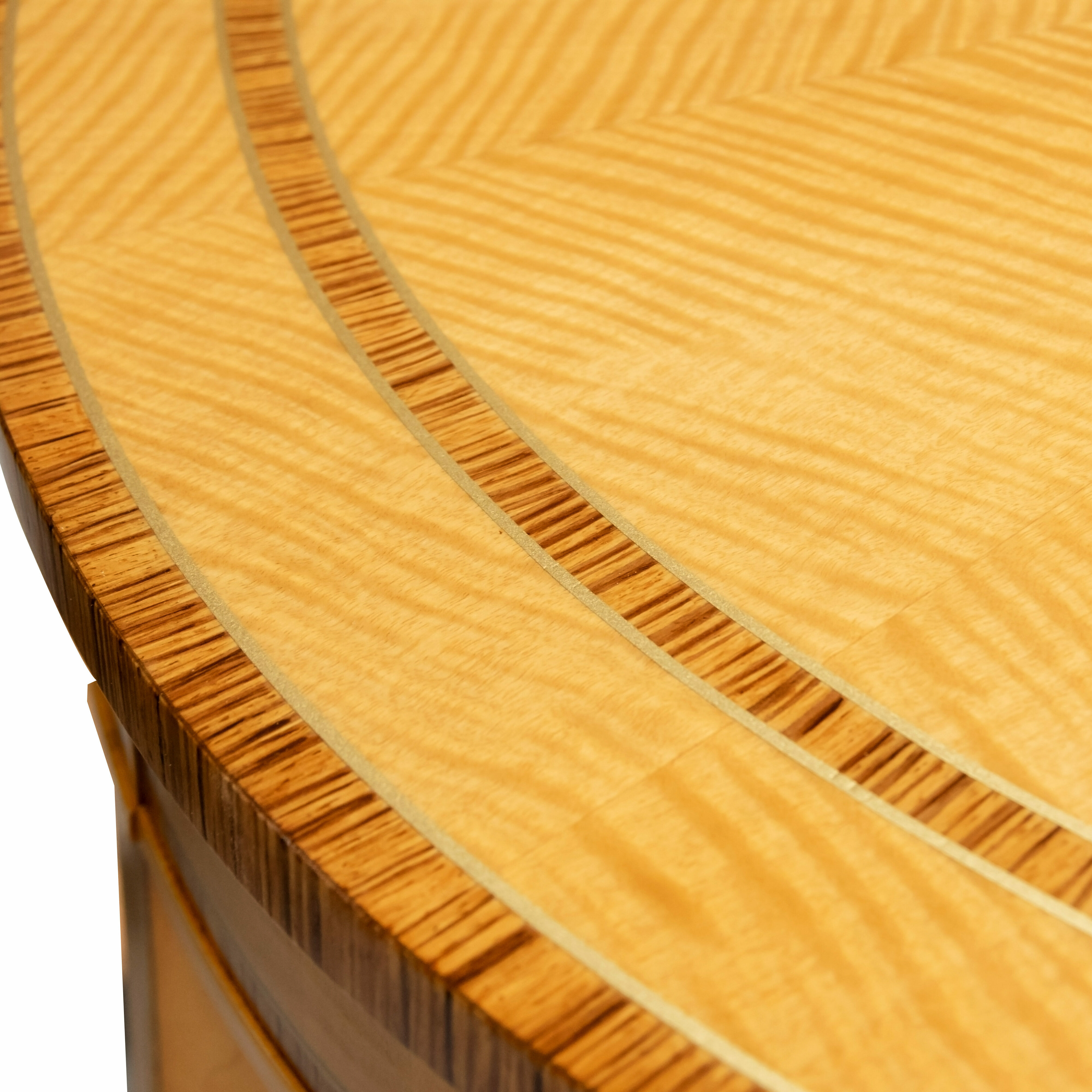 C12621 A Hepplewhite Demi Lune 3000 Custom Match Table STD Size Figured Anigre Beeswing Satinwood Zebra Wood 2 Detail