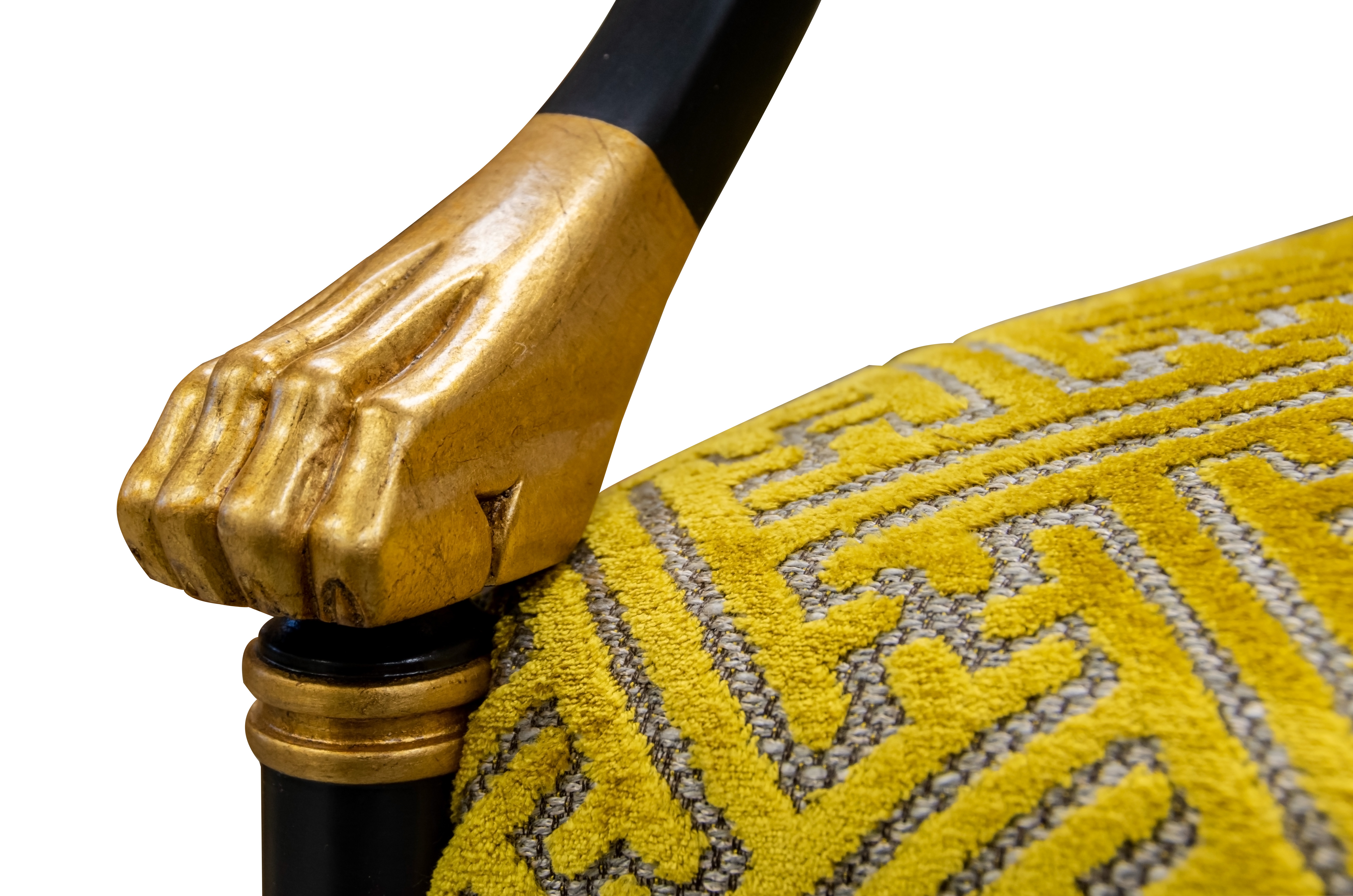 K4993 Regency Arm chair 80 Black Lacquer Painted Finish Antique gold Leaf Trim Hardwood Solids Upholstered Back Pullover Seat 3 Detail