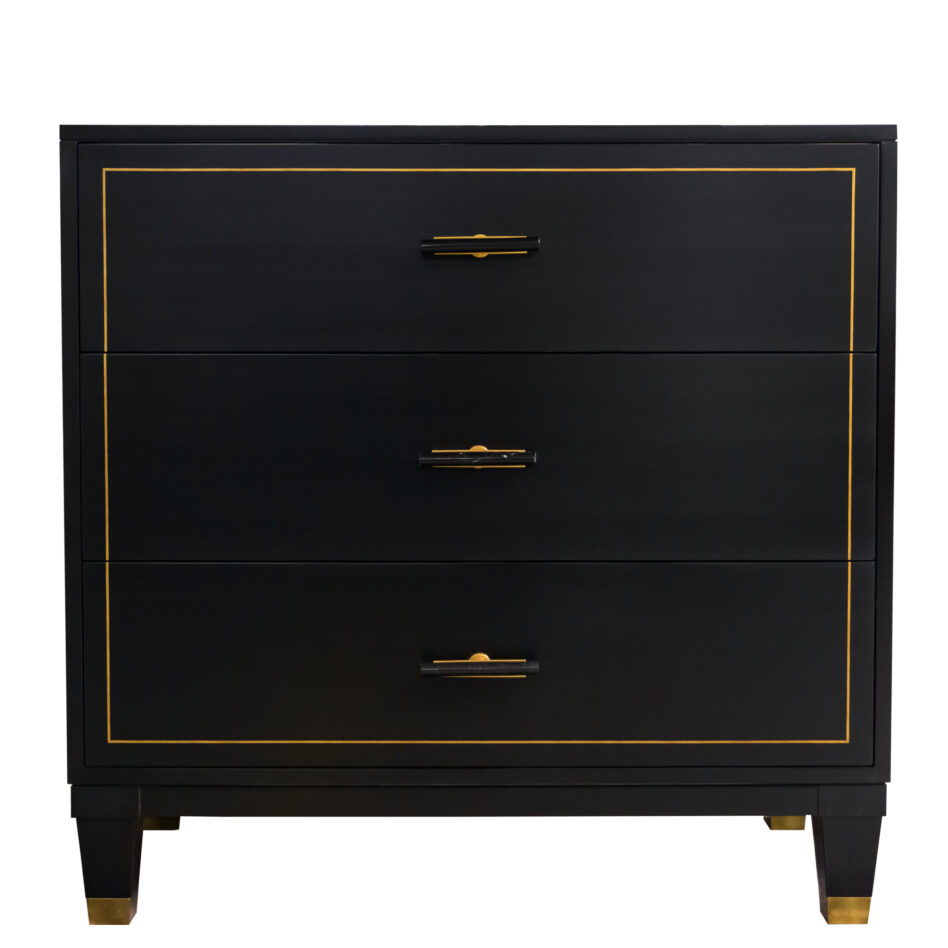 68 1 DW1 BF1 Three Drawer Black Lacquer Ant Gold Pin Striping Black Marble Pulls Tapered Legw Ferrule