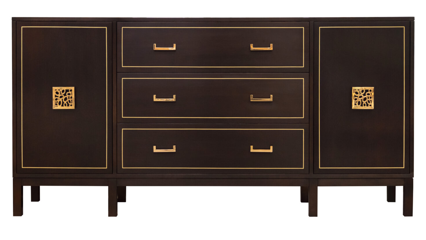 68 12 DR2 DW2 BP2 W Winged Credenza Dearborn Gold Pinstripe Bubbles Square U Turn Pulls Ribbon Stripe Mahogany Doorsand Drawers Parson Base