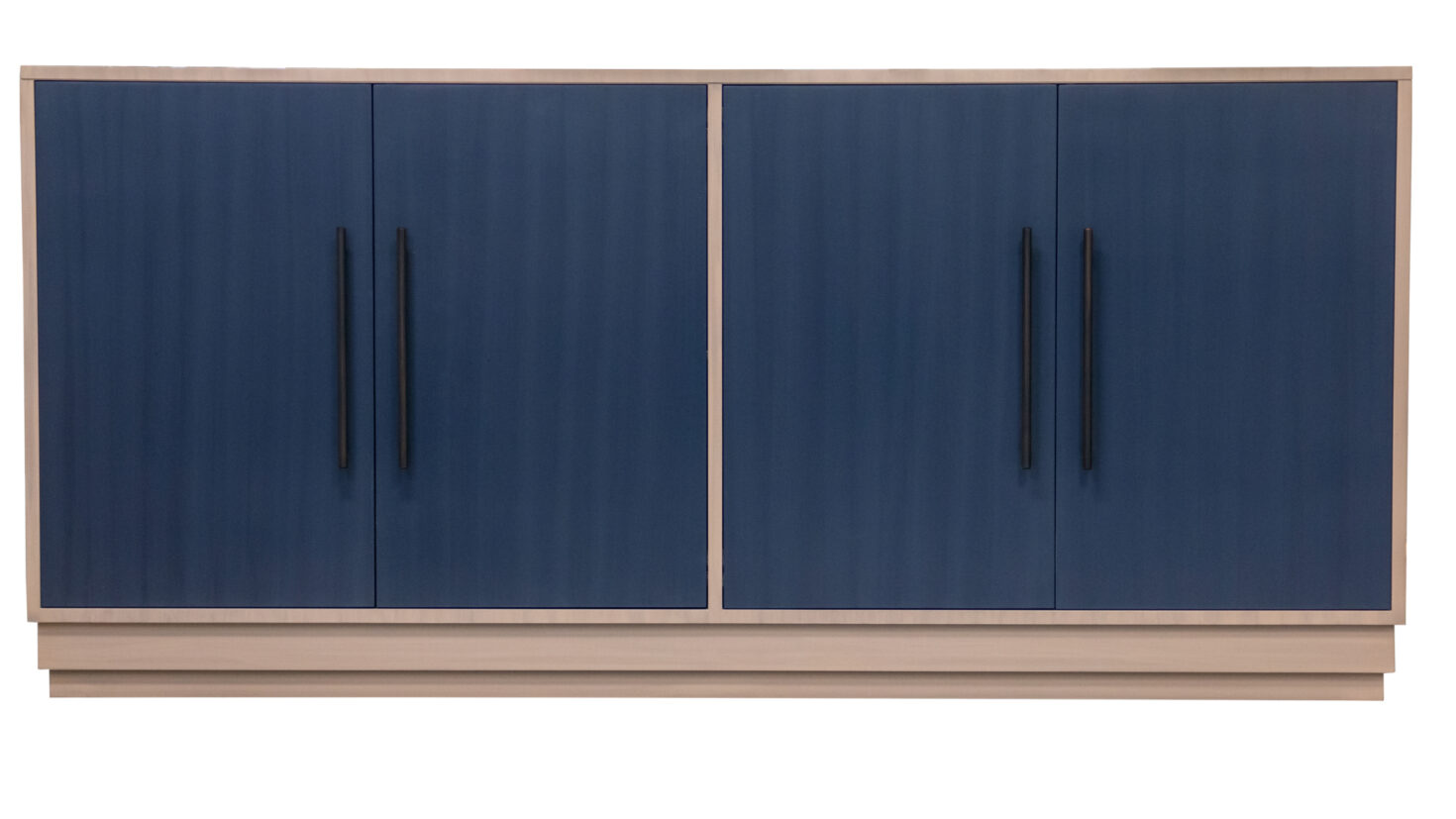 68 2 DR1 DR1 BL2 Four Door Credenza Grey Striata Indigo Striata Slim Bar Pull Step Plinth