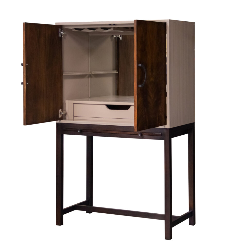 68 6 DR15 BR1 P Bar Cabinet Open Grey Striata Portofino Brier Smoke Crotch Mahogany Doors Black Half Circle Int Tray Drawer Bar Base Pull Out Shelf