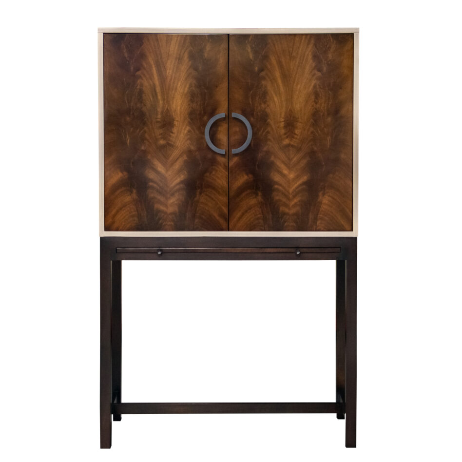 68 6 DR15 BR1 P Bar Cabinet Grey Striata Portofino Brier Smoke Crotch Mahogany Doors Black Half Circle Int Tray Drawer Bar Base Pull Out Shelf